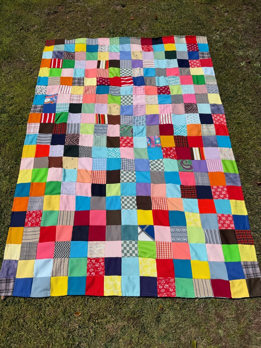 Vintage Double Knit Polyester Patchwork Scrap Quilt Bright Colorful 45x66